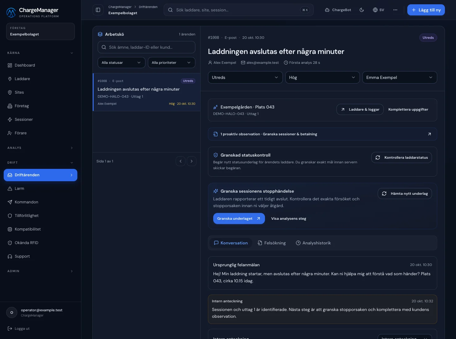ChargeManagers ärendearbetsyta med exempeldata: kunddialog, laddare, uttag och rekommenderat nästa steg.
